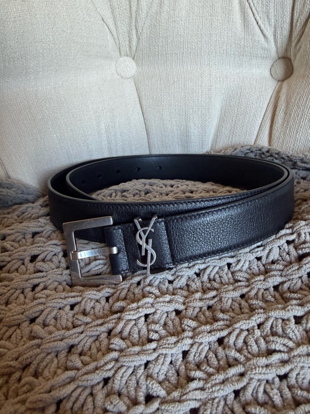 Yves Saint Laurent Black Leather Belt with Silver YSL Buckle